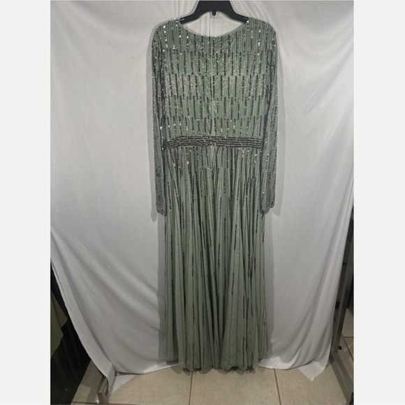 NEW $598 Mac Duggal [ 16 ] Sequined Illusion Long Sleeve A-line Gown‎ Sage Green - Picture 12 of 14